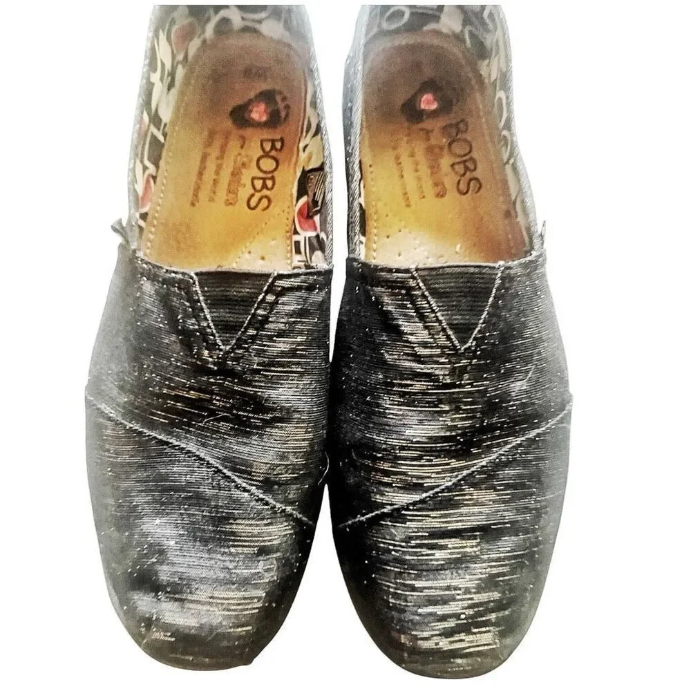 Bob’s for Sketchers‎ Black Silver Sparkle Glitter Slip On Flats Size 9